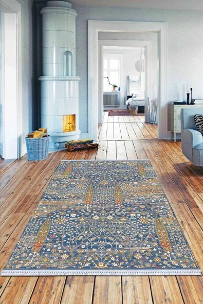 Mavi Vintage Dokuma Pamuk Tabanlı Kaymaz Kilim KLM130 ürün görseli 1