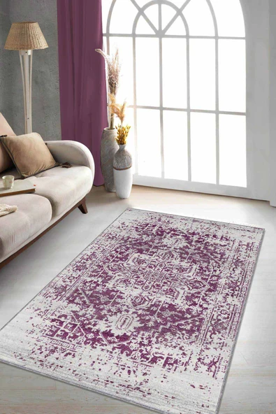 Fuşya Vintage Kaymaz Tabanlı Makinede Yıkanabilir Halı RV298 ürün görseli 1
