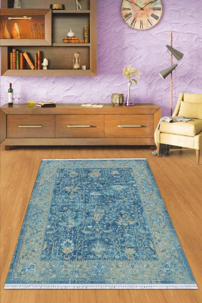 Mavi Çerçeveli Dokuma Pamuk Taban Kaymaz Kilim KLM019 ürün görseli 1