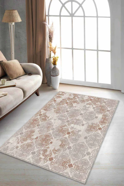 Tarçın Damask Desen Kaymaz Tabanlı Dekoratif Halı AL006 ürün görseli 1