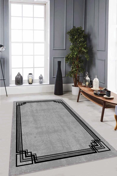 Gri Çerçeveli Kaymaz Tabanlı Makinede Yıkanabilir Halı RV073 ürün görseli 1