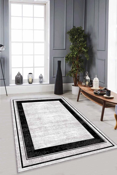 Gri Çerçeveli Kaymaz Tabanlı Makinede Yıkanabilir Halı AR531 ürün görseli 1