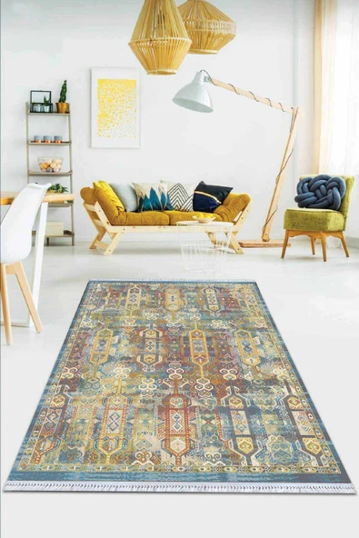 Çok Renkli Vintage Dokuma Pamuk Taban Kaymaz Kilim KLM287 ürün görseli 1