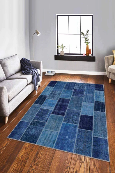 Mavi Patchwork Kaymaz Taban Makinede Yıkanabilir Halı RV228 ürün görseli 1