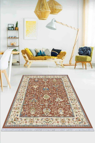 Kiremit Çerçeveli Dokuma Pamuk Taban Kaymaz Kilim KLM022 ürün görseli 1