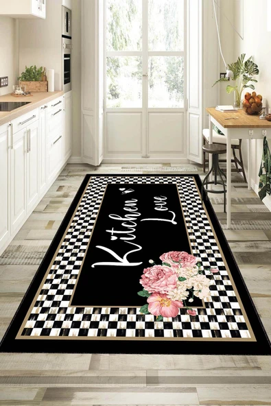 Siyah Kaymaz Tabanlı Kitchen Love Mutfak Halısı Yolluk VH093 ürün görseli 1