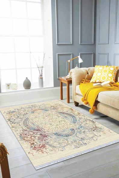 Krem Vintage Dokuma Pamuk Tabanlı Kaymaz Kilim KLM333 ürün görseli 1