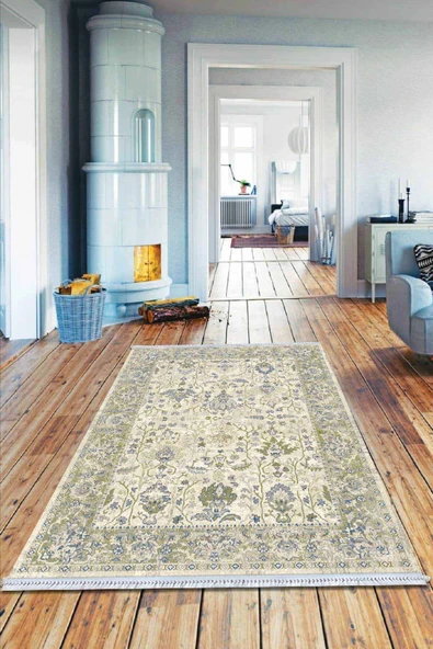 Yeşil Çerçeveli Dokuma Pamuk Taban Kaymaz Kilim KLM024 ürün görseli 1