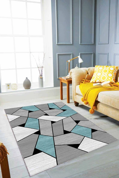 Turkuaz Geometrik Kaymaz Tabanlı Dekoratif Halı WL03 ürün görseli 1