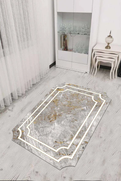 Gri Gold Çerçeveli Kaymaz Tabanlı Lazer Kesim Halı RV311 ürün görseli 1