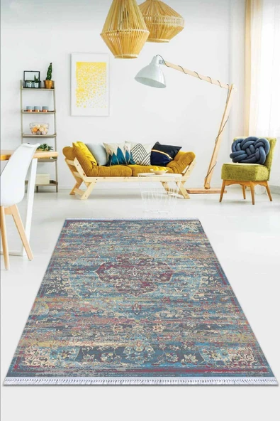 Mavi Vintage Dokuma Pamuk Tabanlı Kaymaz Kilim KLM269 ürün görseli 1