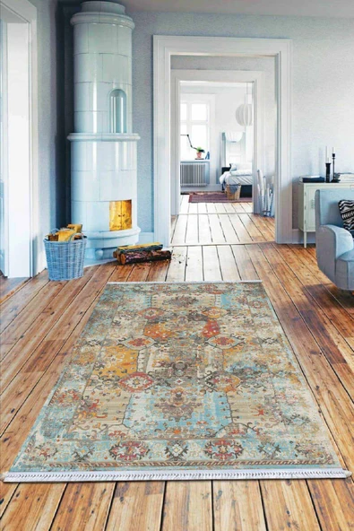 Çok Renkli Vintage Dokuma Pamuk Taban Kaymaz Kilim KLM112 ürün görseli 1