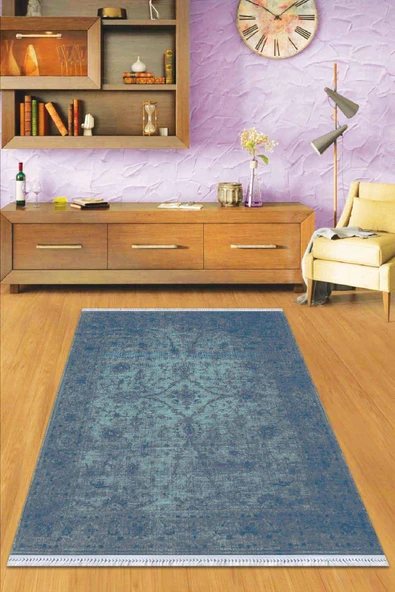 Mavi Modern Dokuma Pamuk Tabanlı Kaymaz Kilim KLM045 ürün görseli 1