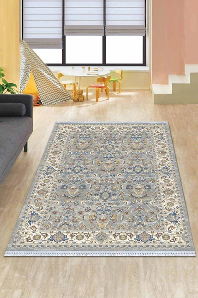 Gri Çerçeveli Dokuma Pamuk Tabanlı Kaymaz Kilim KLM340 ürün görseli 1