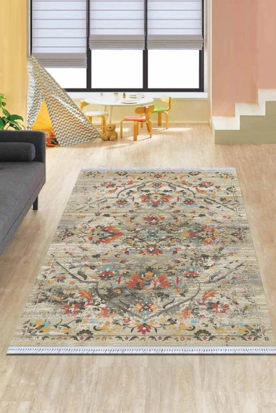 Çok Renkli Vintage Dokuma Pamuk Taban Kaymaz Kilim KLM113 ürün görseli 1