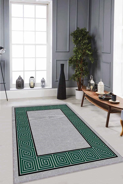 Yeşil Çerçeveli Kaymaz Taban Makinede Yıkanabilir Halı RV048 ürün görseli 1