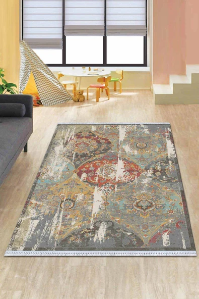 Çok Renkli Modern Dokuma Pamuk Taban Kaymaz Kilim KLM062 ürün görseli 1