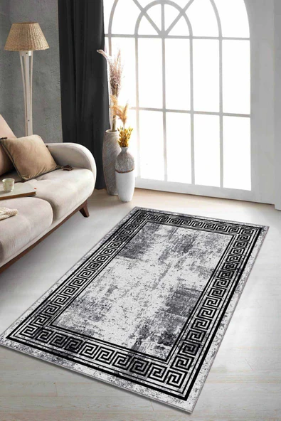 Gri Çerçeveli Kaymaz Tabanlı Makinede Yıkanabilir Halı AR165 ürün görseli 1