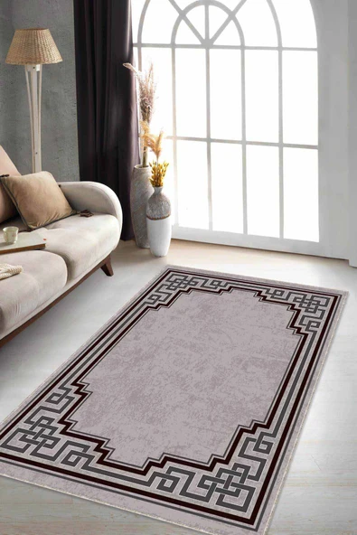 Bej Çerçeveli Kaymaz Tabanlı Makinede Yıkanabilir Halı RV091 ürün görseli 1