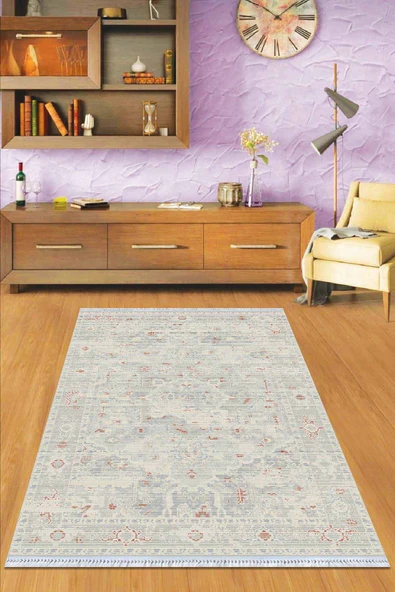 Krem Vintage Dokuma Pamuk Tabanlı Kaymaz Kilim KLM330 ürün görseli 1