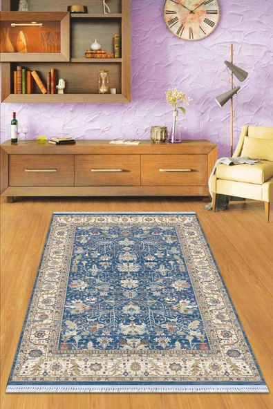 Mavi Çerçeveli Dokuma Pamuk Taban Kaymaz Kilim KLM343 ürün görseli 1