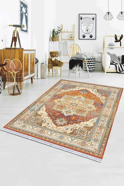 Tarçın Klasik Göbekli Dokuma Pamuk Taban Kaymaz Kilim KLM076 ürün görseli 1