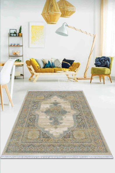 Bej Klasik Göbekli Dokuma Pamuk Taban Kaymaz Kilim KLM361 ürün görseli 1