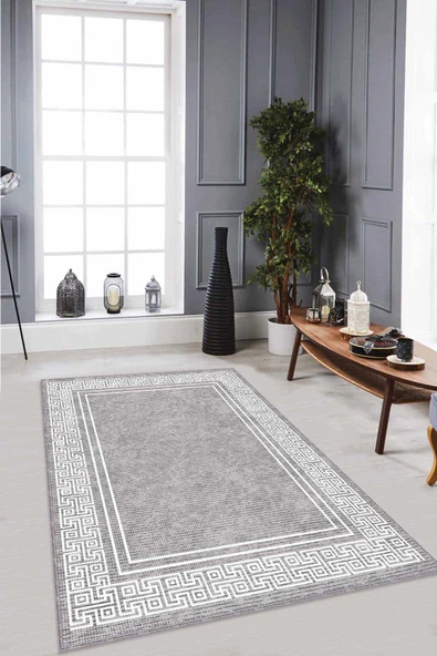 Gri Çerçeveli Kaymaz Tabanlı Makinede Yıkanabilir Halı RV041 ürün görseli 1