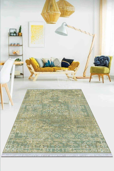 Yeşil Vintage Dokuma Pamuk Tabanlı Kaymaz Kilim KLM101 ürün görseli 1
