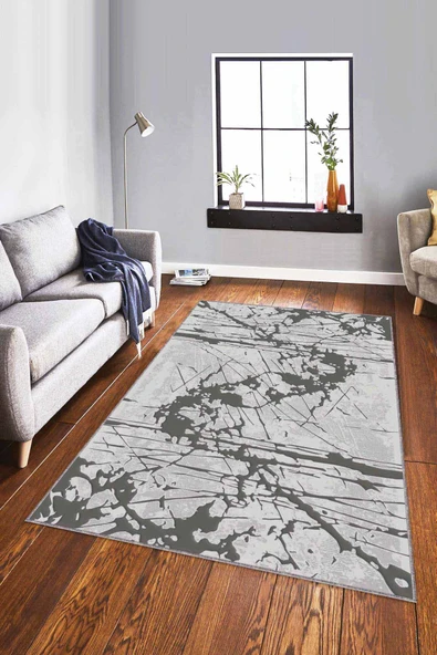 Gri Vintage Kaymaz Tabanlı Makinede Yıkanabilir Halı EF002 ürün görseli 1