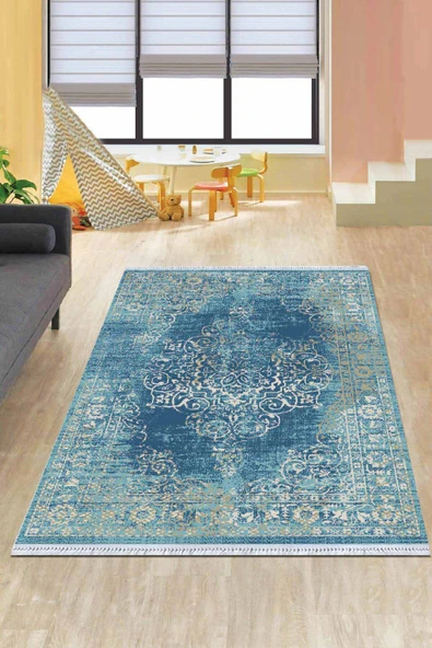 Mavi Klasik Göbekli Dokuma Pamuk Taban Kaymaz Kilim KLM074 ürün görseli 1