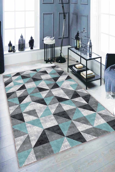 Turkuaz Geometrik Kaymaz Tabanlı Dekoratif Halı PR08 ürün görseli 1