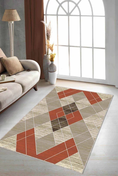 Tarçın Geometrik Kaymaz Taban Makinede Yıkanabilir Halı DD09 ürün görseli 1