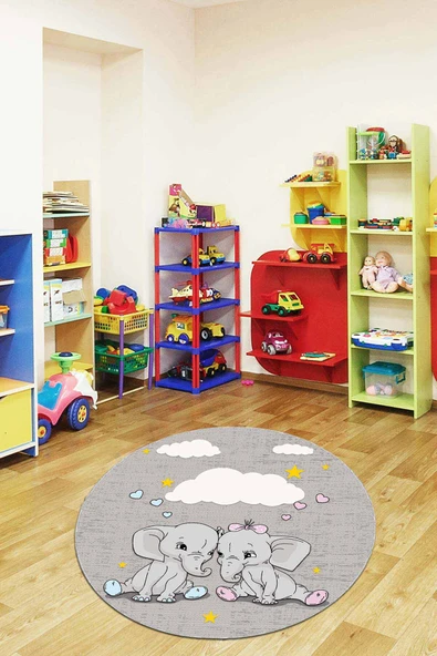 Gri Kaymaz Tabanlı Fil Desenli Yuvarlak Bebek Halısı AR1346 ürün görseli 1