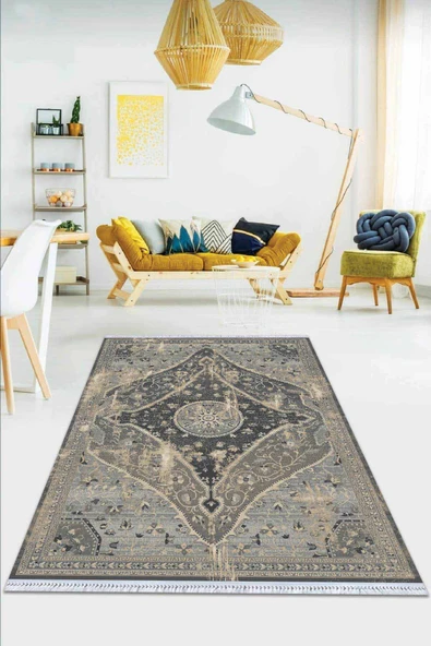Gri Klasik Göbekli Dokuma Pamuk Taban Kaymaz Kilim KLM256 ürün görseli 1