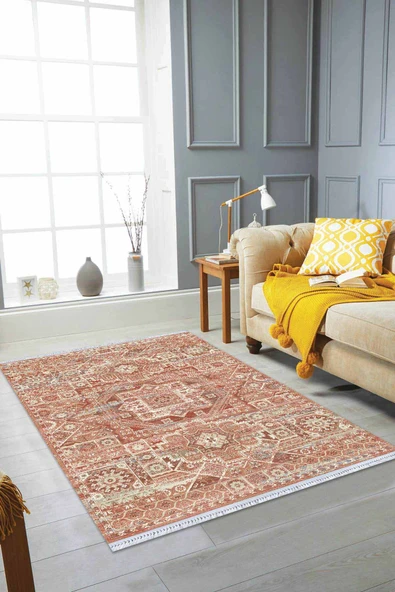 Çok Renkli Vintage Dokuma Pamuk Taban Kaymaz Kilim KLM250 ürün görseli 1