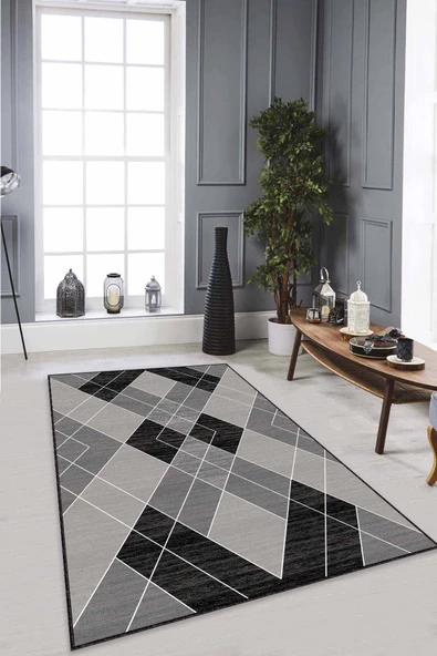 Siyah Geometrik Kaymaz Taban Makinede Yıkanabilir Halı AR472 ürün görseli 1