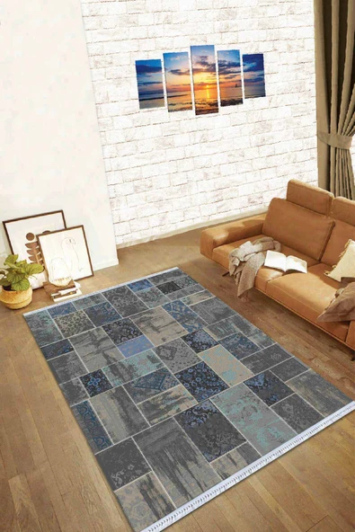 Füme Patchwork Dokuma Pamuk Taban Kaymaz Kilim KLM291 ürün görseli 1