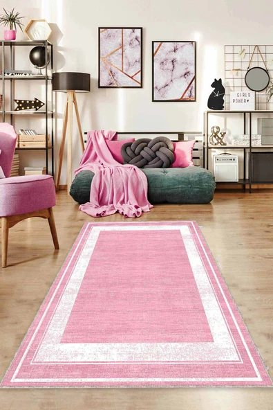 Pembe Çerçeveli Kaymaz Taban Makinede Yıkanabilir Halı AR532 ürün görseli 1