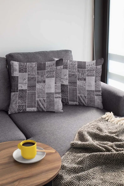 Gri Patchwork Çift Taraflı Yastık Kırlent Kılıfı KRL292 - Resim 3