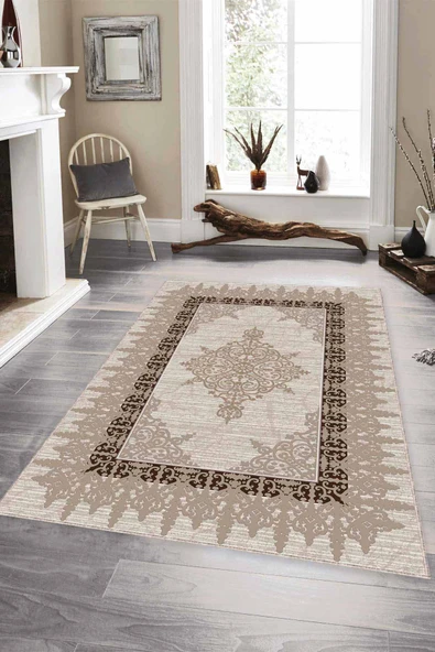 Bej Klasik Göbekli Kaymaz Tabanlı Dekoratif Halı MK32 ürün görseli 1