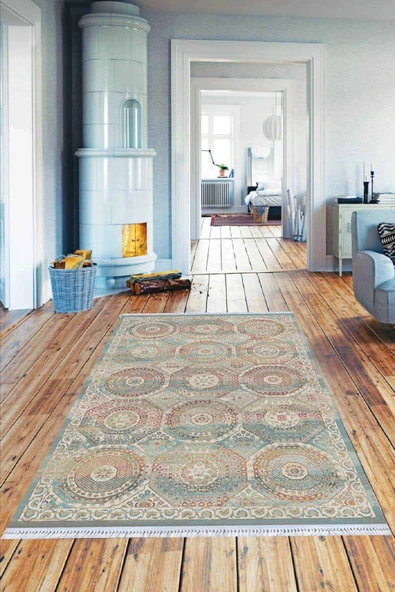 Çok Renkli Vintage Dokuma Pamuk Taban Kaymaz Kilim KLM236 ürün görseli 1