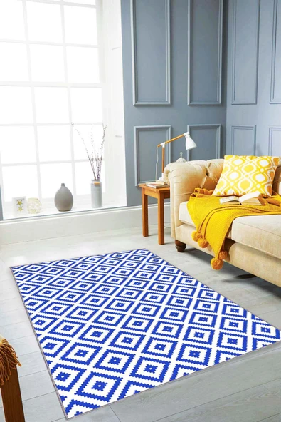 Saks Mavi Karo Desen Kaymaz Tabanlı Dekoratif Halı KR003 ürün görseli 1
