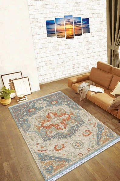 Tarçın Klasik Göbekli Dokuma Pamuk Taban Kaymaz Kilim KLM142 ürün görseli 1