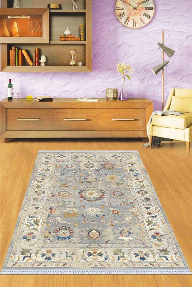 Gri Çerçeveli Dokuma Pamuk Tabanlı Kaymaz Kilim KLM193 ürün görseli 1