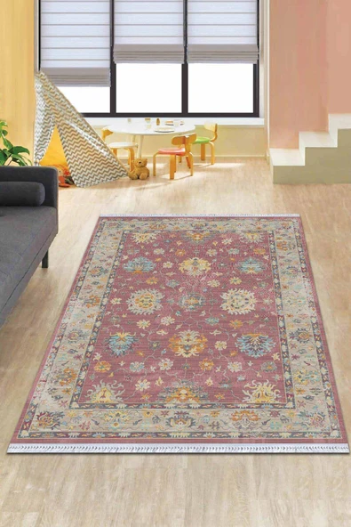 Pembe Çerçeveli Dokuma Pamuk Taban Kaymaz Kilim KLM154 ürün görseli 1