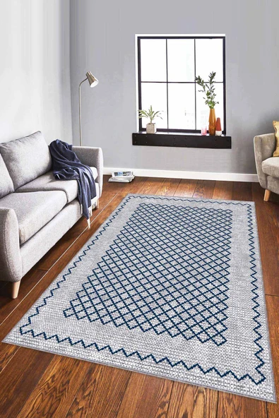 Lacivert Geometrik Kaymaz Tabanlı Dekoratif Halı RV174 ürün görseli 1