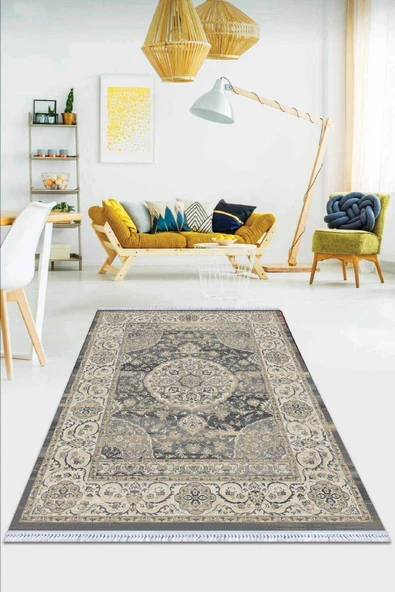 Gri Klasik Göbekli Dokuma Pamuk Taban Kaymaz Kilim KLM283 ürün görseli 1