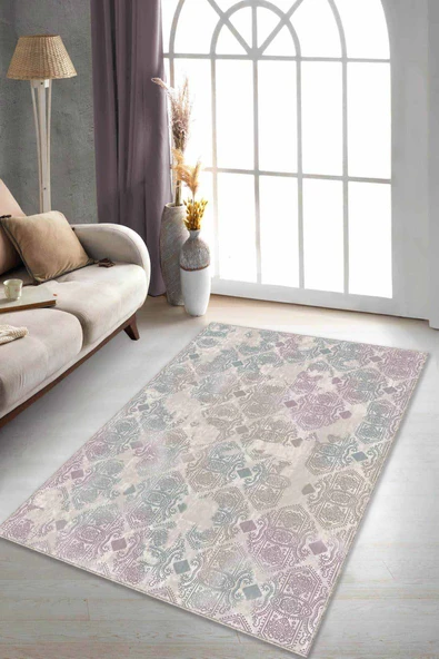 Pembe Turkuaz Damask Desen Kaymaz Taban Dekoratif Halı AL009 ürün görseli 1