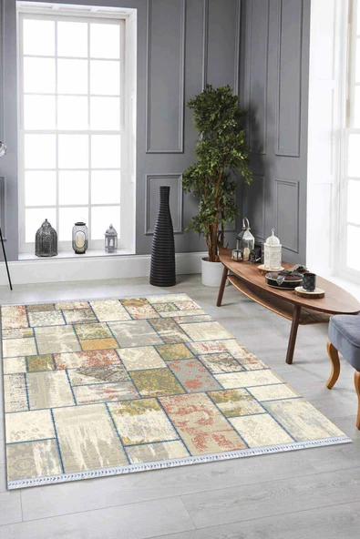 Çok Renkli Patchwork Dokuma Pamuk Taban Kaymaz Kilim KLM288 ürün görseli 1